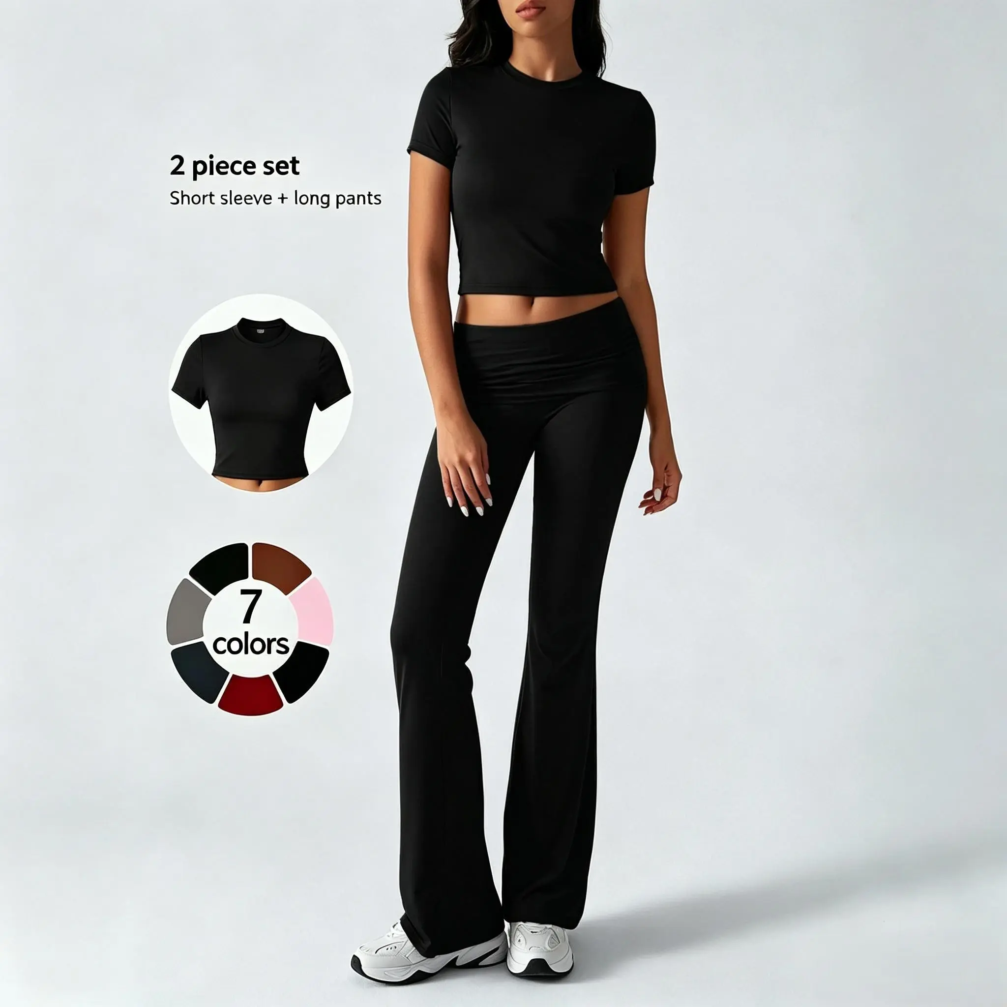 Women 2 Piece Casual Outfit Sets, Short Sleeve Crop Top & Fold Over High Waist Flare Leggings, Stretch Slim Yoga Tracksuit, Versatile Daily Streetwear Workout Matching Set for Gym Running Womenswear Clothes Pants
