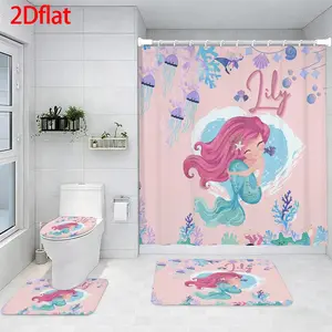 4-Piece Bathroom Sets Full Set Mermaid Tail Pattern Four-Piece Curtain Set Elegant Decor Shower Bath funny Accessories U-Shaped floor Seat Cover Cushion Toilet Lid Rug Carpet Non-Slip  Shape Mat Gifts Style toilet waterproof
