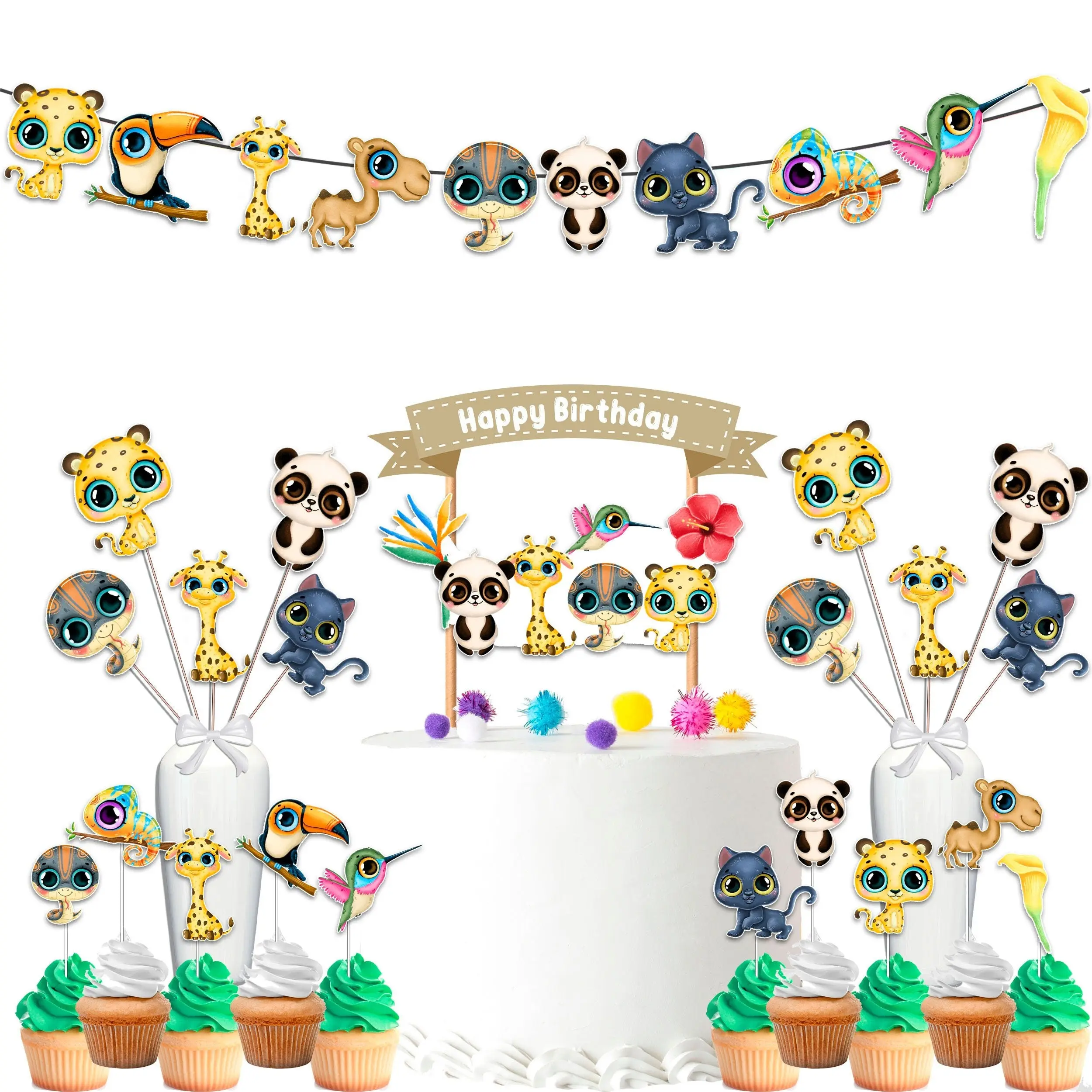 Exotic Jungle Safari Birthday Party Decor Set - Whimsical Cake Topper, Cupcake Toppers, Centerpieces, & Banner - Perfect for a Wild Celebration