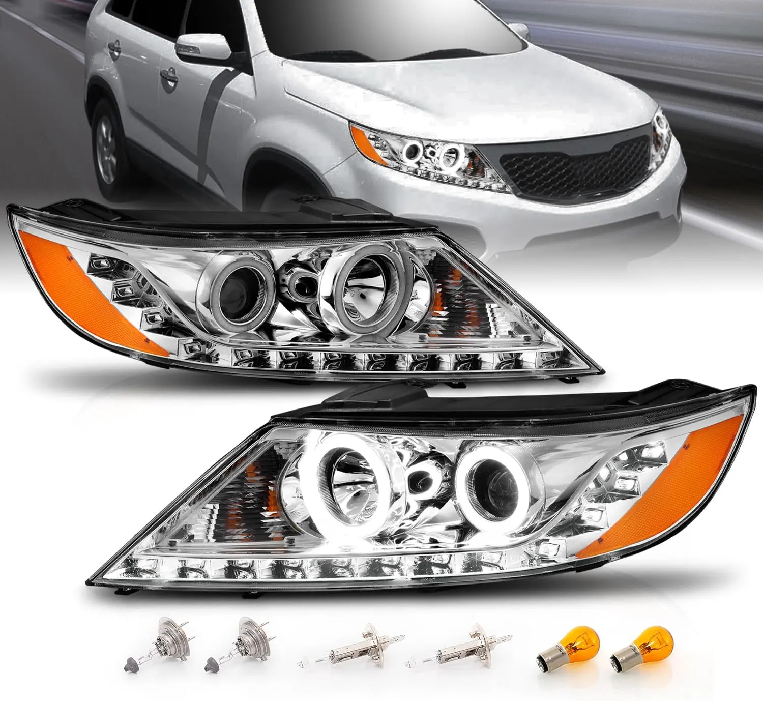 AmeriLite for 2011-2013 Kia SorentoChrome Projector Headlights Ultra Bright LED Halo Set - Passenger and Driver Side