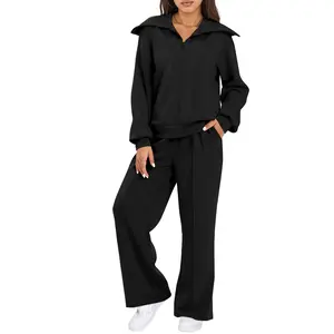 Aleumdr Women's Two-Piece Outfit Half-Zip Sweatshirt & Wide Leg Sweatpants Tracksuit for Autumn Sportswear Running Fitness Loungewear Set