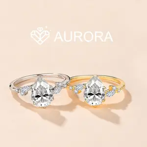 【#55 Manna】Pear Shap Full Moissanite main stone and side stone rings  Synthetic Moissanite