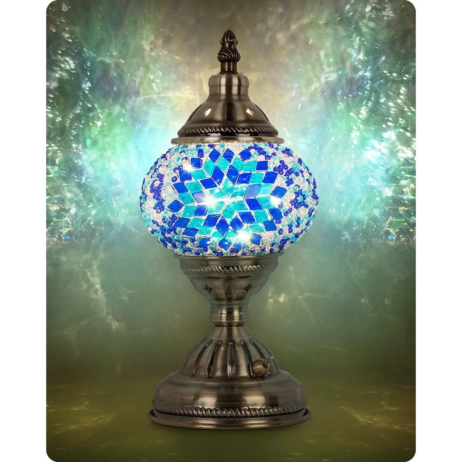 Turkish Moroccan Lamp with Bronze Base Handmade Tiffany Mosaic Glass Lamps Portable Bedside Lamps with Rechargeable  2000mAh (LED Bulb Included)(2)