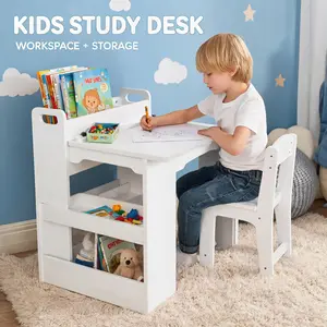 Garvee Multi-Functional Kids Art Table and 2 Chairs Set – Wooden Activity Desk with Large Storage Shelves – Perfect for Drawing Craft Learning and Activities – Ideal for Home/Playroom/Study Area/Daycare