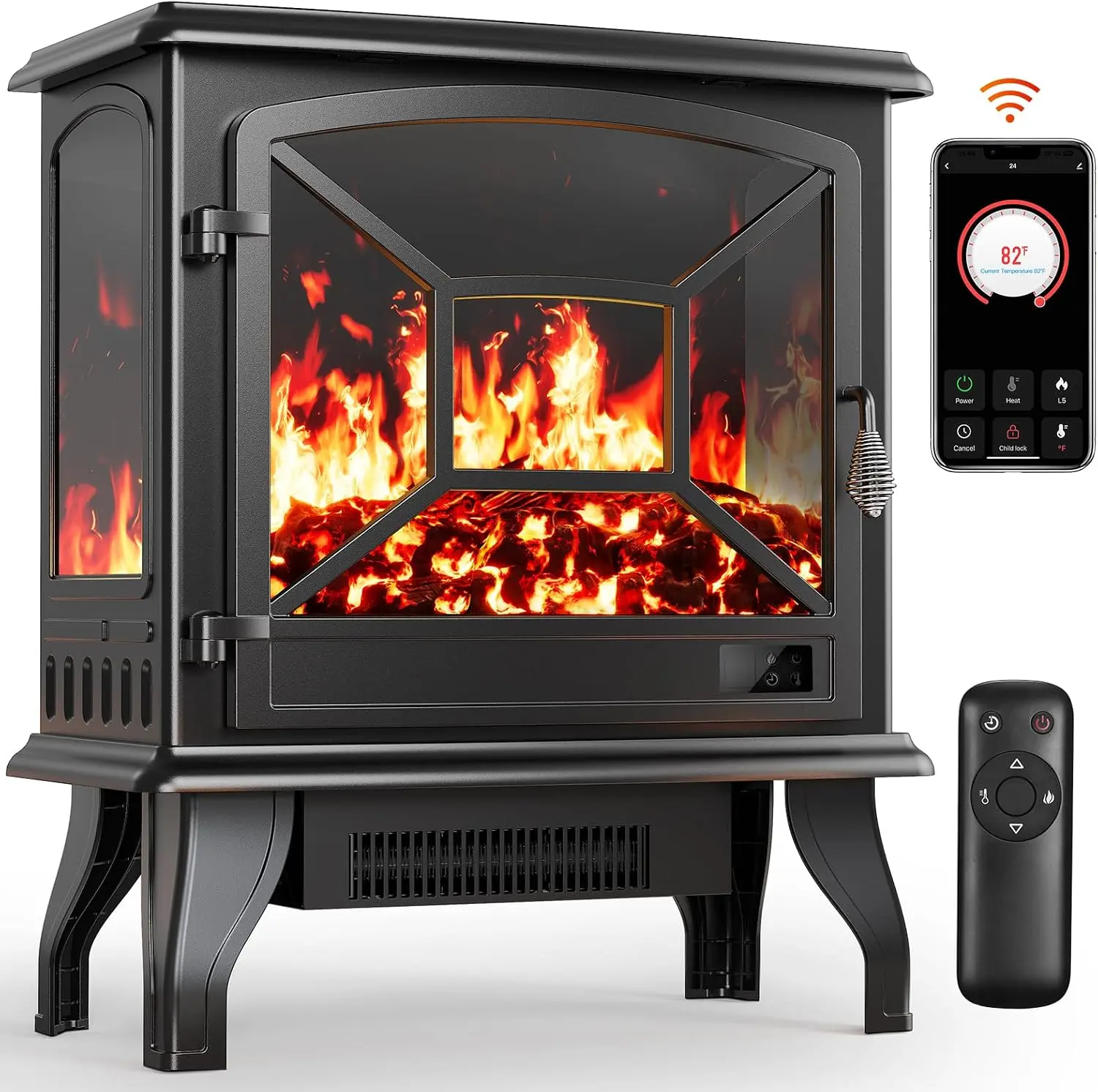 Amada 24-Inch Black Electric Corner Fireplace Heater, Portable Quick-Heating Unit with App & Remote Control, 5 Brightness Levels, Temp Adjustment & Timer for Living Room, Bedroom