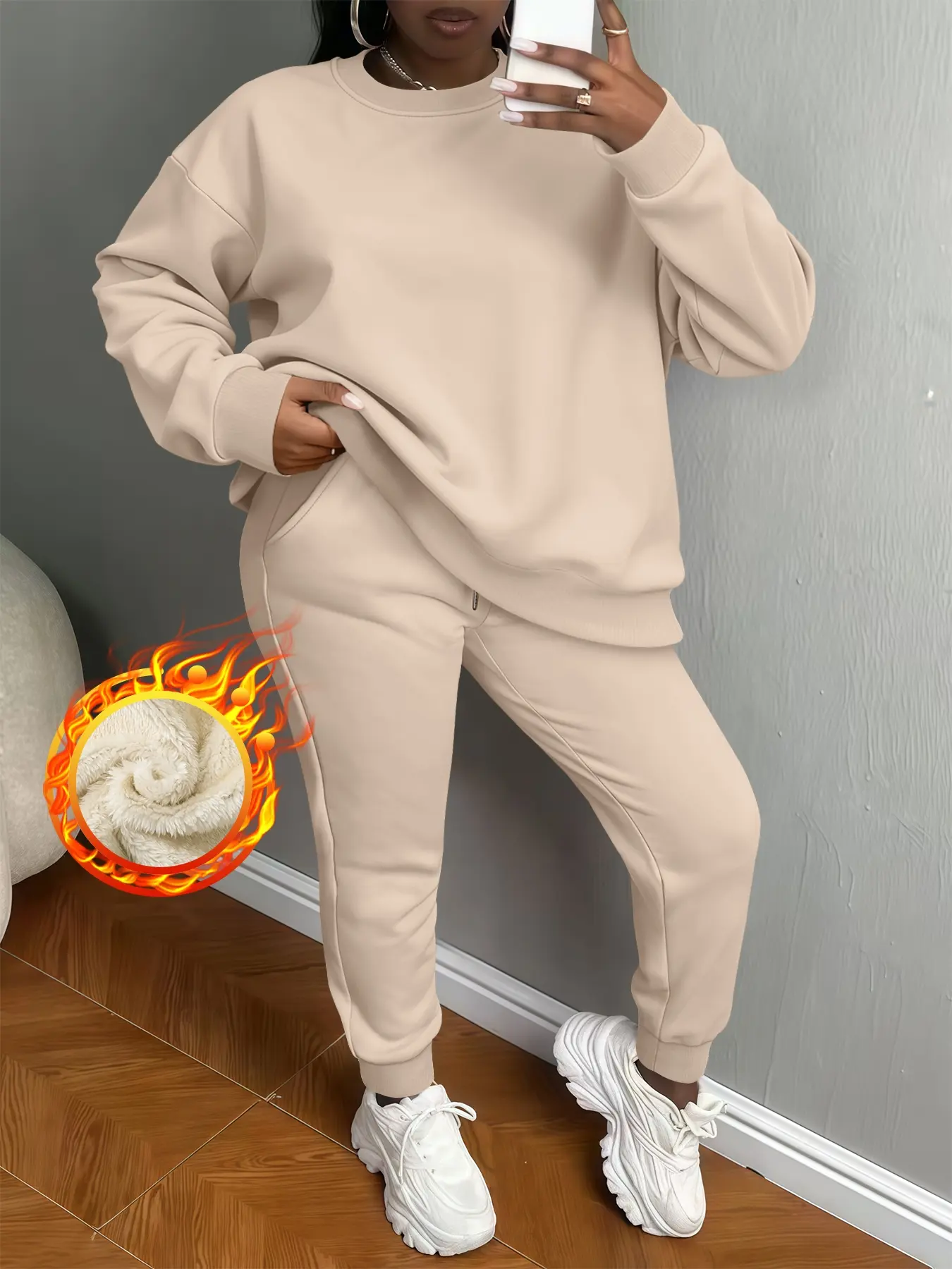 Women's Thick Fleece Winter Set, Casual Round Neck Sweater & Long Pants, Warm Plain Design, Comfortable Daily Wear