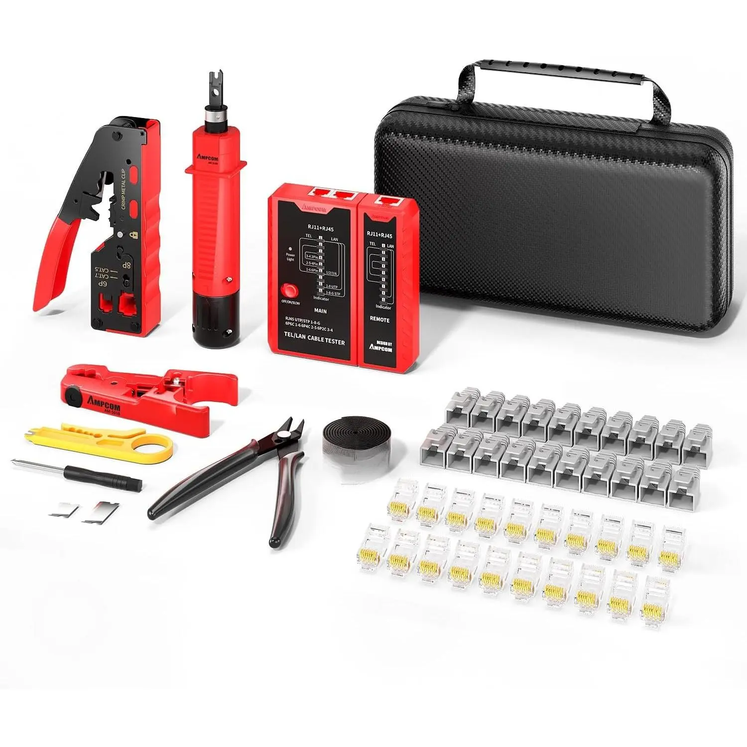 Ethernet Crimping Tool Kit 10-in-1 Pass Through RJ45/RJ11 Network Tool Kit with RJ45 Tester for Cat6/5e RJ45 Connectors, Includes 110 Punch Down Tool & Wire Stripper, Portable  Bag