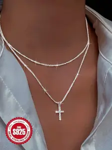 S925 Sterling Silver Rhinestone Decor Cross Pendant Necklace for Women, Fashion Jewelry for Party, Daily Clothing Decor, Trendy All-match & Exquisite Jewelry for Birthday Gift