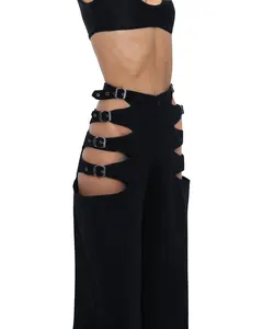 PANTS INS. Mid Waist Wide-Leg Denim Pants with Cut-Outs - Rock Style All Seasons Fashionable & Durable