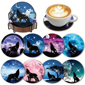 8-Piece Diamond Art Coaster Set with Stand, DIY Wolf Pattern Diamond Art Coasters, Suitable for Adults and Beginners, Perfect Gift