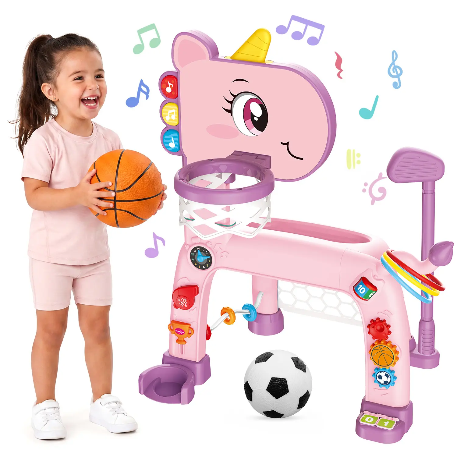 4-in-1 Toddler Interactive Playset for 1-3 Years Old - Mini Basketball, Football Play, Golf Game, Ring Toss, Lights & Music - Parent-Child Interactive Toy, Strengthen Muscles, Unisex Camping Essential, Ideal for Birthdays/Holidays