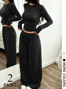 Women's Polka Dot Fitted Short Sleeve Top + Drawstring Wide Leg Pants Set, French Vintage Style, Casual, /, All Seasons, Womenswear