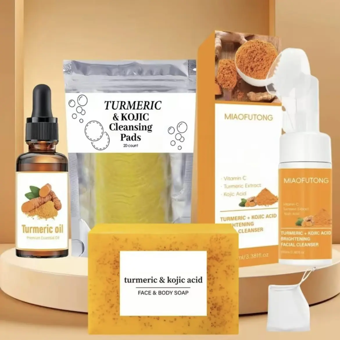 Turmeric Brightening Cleanser Skin Care Multi-Pack for Women - Includes Cleansing Pads, Soap, Mousse Cleanser, Oil, Vitamin C Peel-Off Mask & Soap Bag, Brightening for All Skin Types