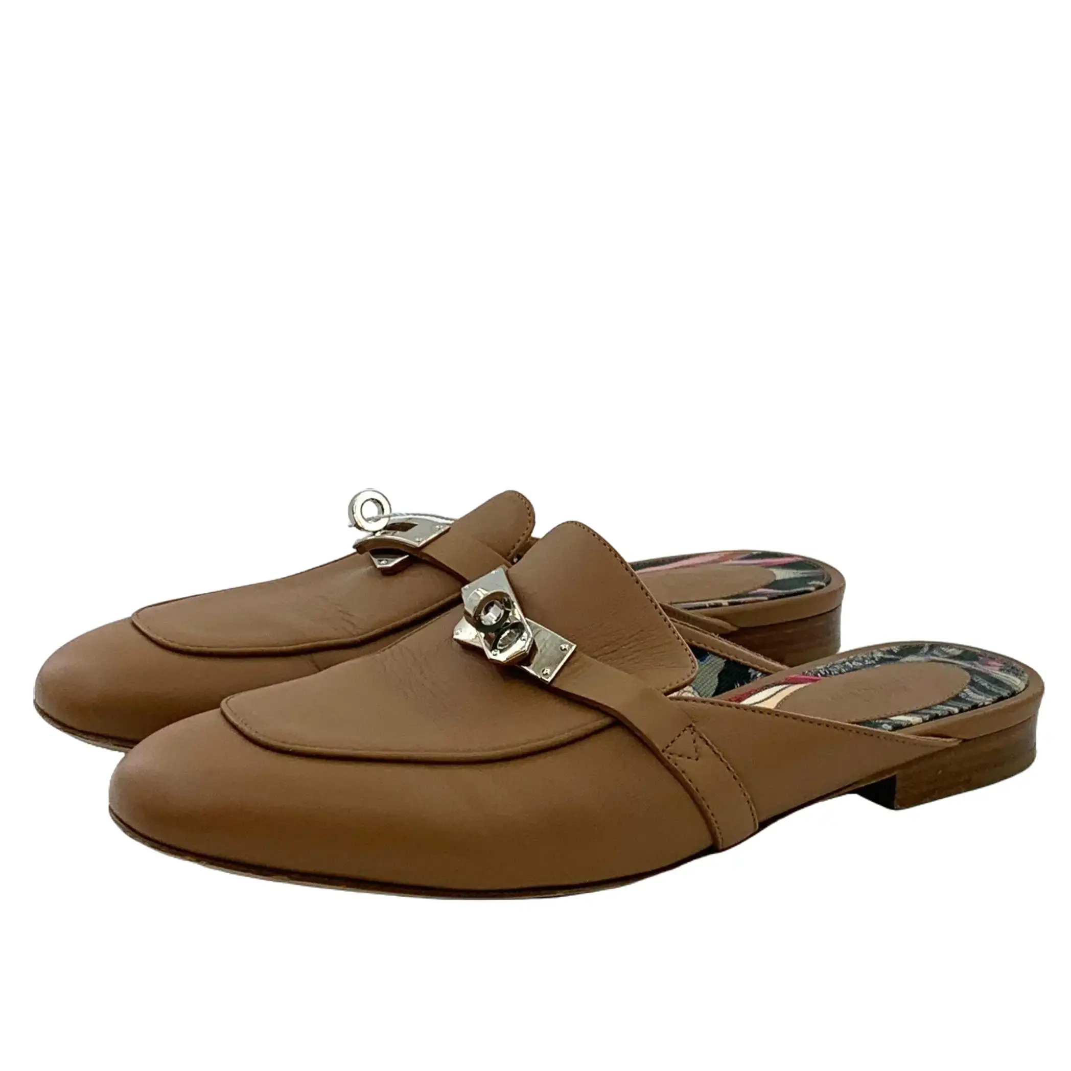 RDLT-Hermes Size 38 Brown Silver Buckle Casual Flat Closed Toe Mules-J33439