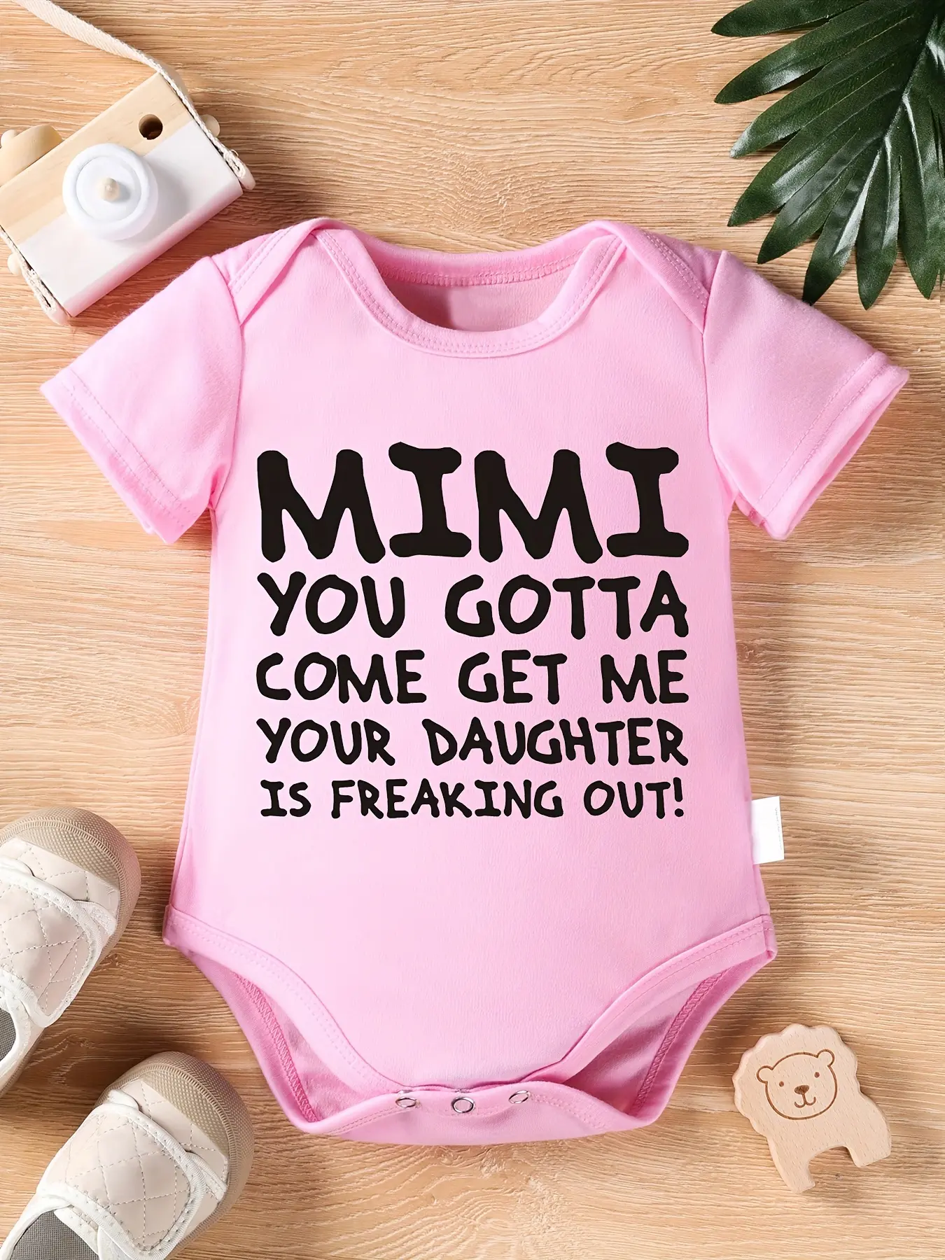 Mimi You Gotta Come Get Me Funny Grandmother Baby Bodysuit, Grandparent Themed Short Sleeve Cotton Pink Baby Onesie