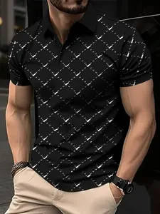 Men's Polo Shirt Short Sleeve Geometric Pattern, Casual Fitted Design, Perfect for Daily Wear and Social Occasions, Ideal Holiday Gift
