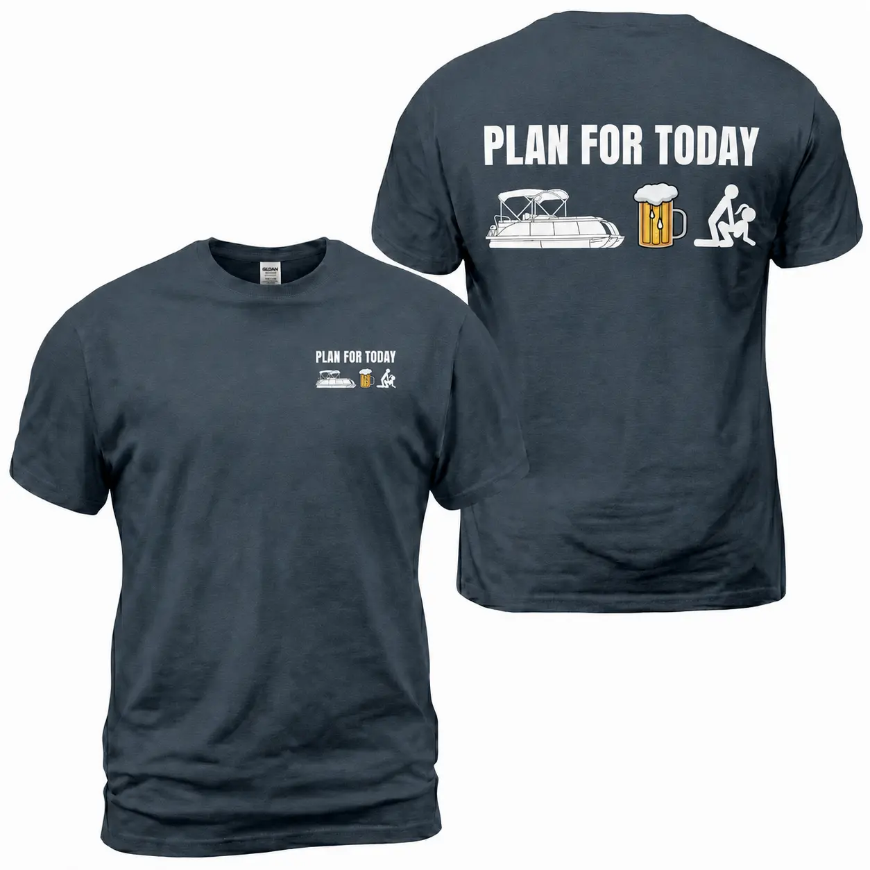 Plan For Today Pontoon Beer Lake T-Shirt, Funny Lake Day Graphic Tee With Boat Beer Icons Back Print, Front Chest Mini Graphic Shirt, Summer Boating Party Outfit, Casual Weekend Apparel Gift for Men and Women