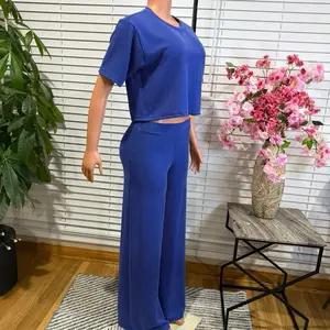 Salvy Blue and Beige Ribbed Crop Top and Wide Leg Pants Set for Women Comfortable and Stylish Outfit