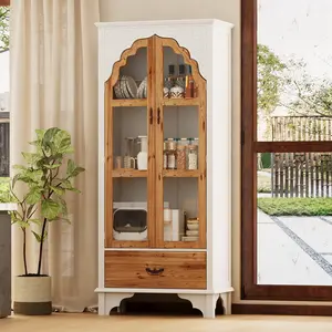 FUFU&GAGA 70.9" H Elegant Bookcase Storage Cabinet with Carved Doors, Wood Bookshelf Display Cabinet with Drawer and 3-Tier Shelves for Living Room & Office