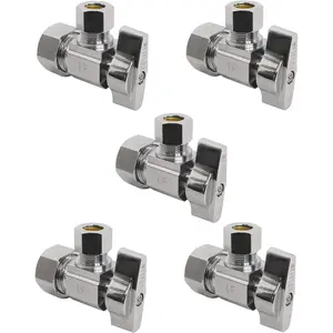 Heavy Duty 1/4 Quarter Turn Angle Shut Off Valve Squared  1/2 in. NOM Comp Inlet x 3/8 in. OD Compression Outlet Chrome Plated Brass (5 Pack)