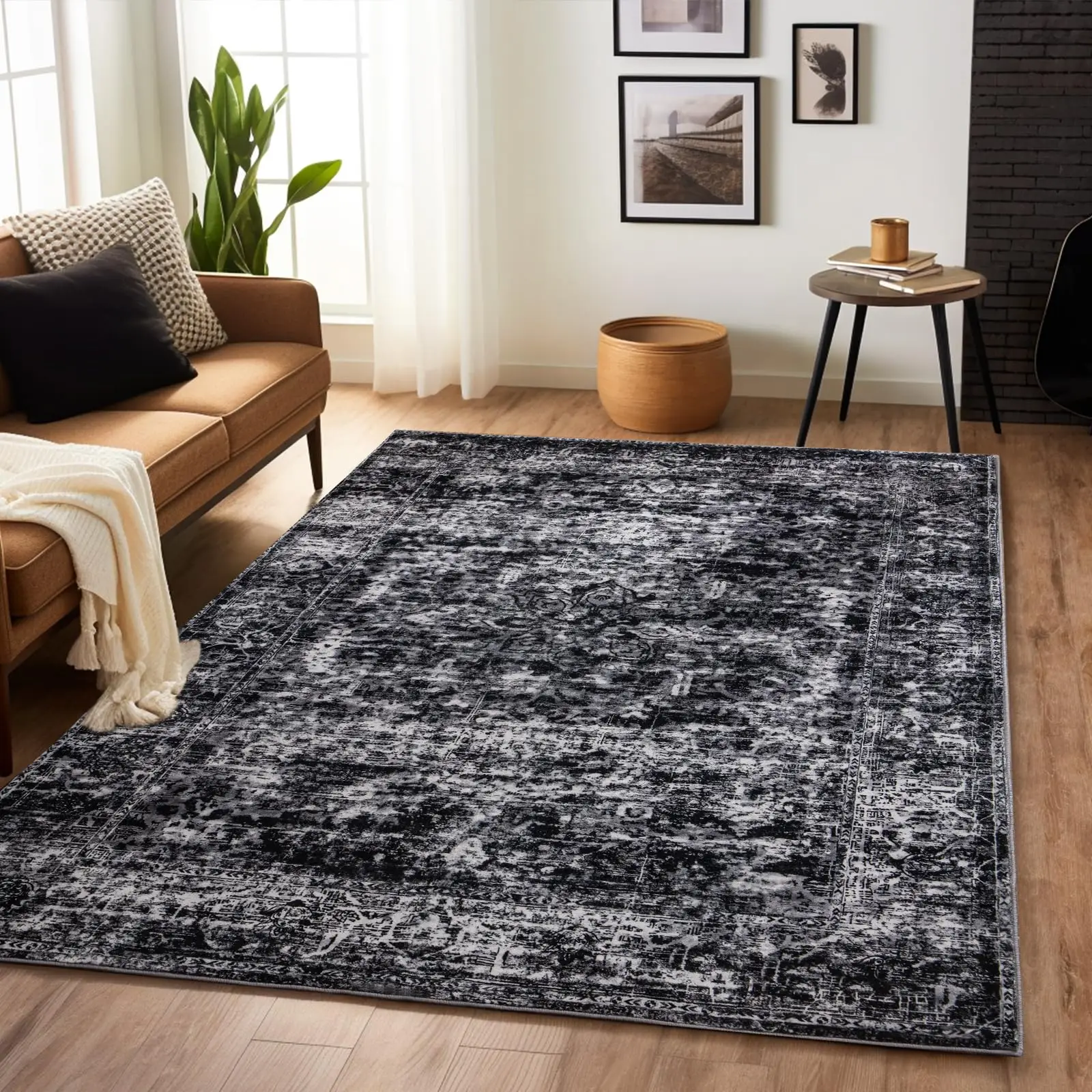 Washable Vintage Faux Wool Throw Bedroom Rug, 0.3 In Low Pile & Non-Slip Indoor Floor Carpet For Home Office, Kids Room, Bedside, Black, Light Grey, D