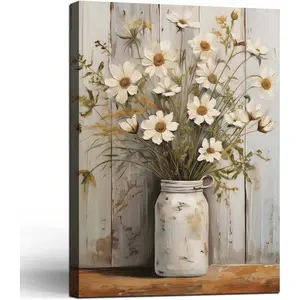 Daisy Jar Flowers Picture Canvas Wall Art Vintage Botanic Aesthetics Poster Print Country Farmhouse Plants Art Painting Wall Decor for Kitchen Bathroom Living Room Gallery Ready to Hang