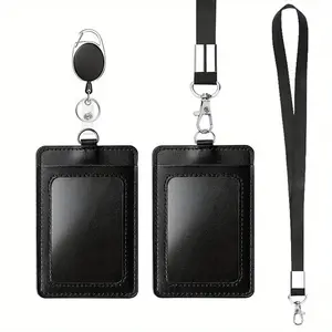 2 Pack PU Leather ID Badge Holders with Transparent ID Window, Includes Detachable Neck Lanyard and Retractable Badge Reel, ID Card Holder Set
