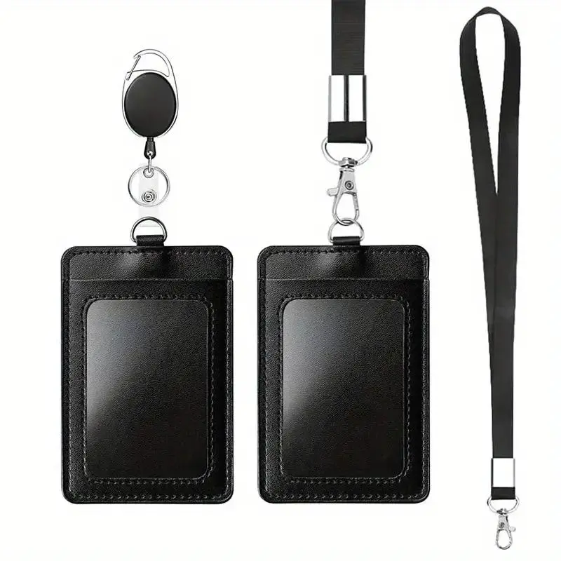 2 Pack PU Leather ID Badge Holders with Transparent ID Window, Includes Detachable Neck Lanyard and Retractable Badge Reel, ID Card Holder Set Office Supplies, Removable Cardholder, Id Holders For Badges