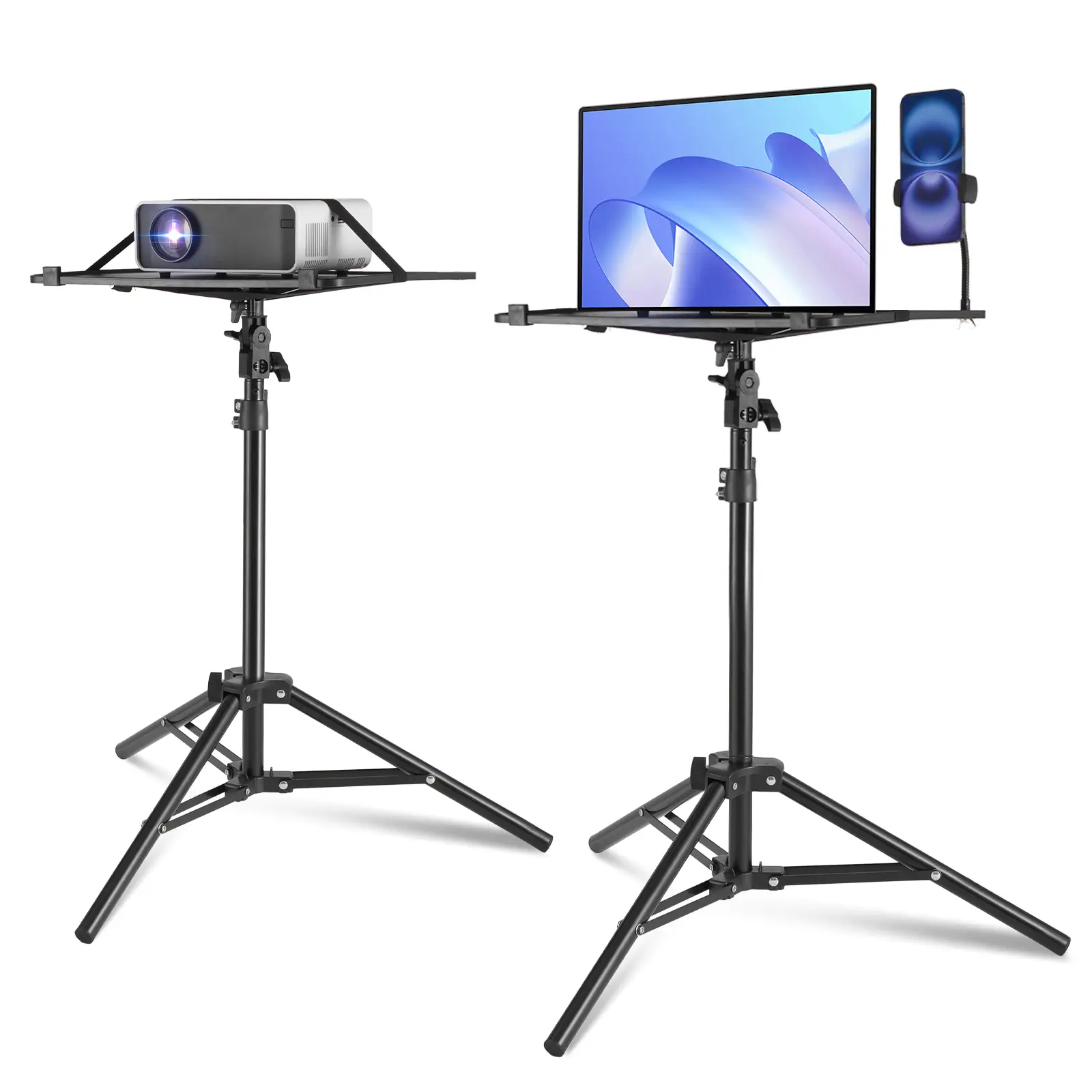 SUGIFT Adjustable Projector Stand Tripod 26.97-63 Inch Portable Laptop Stand with Tray and Gooseneck Phone Holder Height Adjustable Floor Stand for Outdoor Movies Home Office Studio Stage
