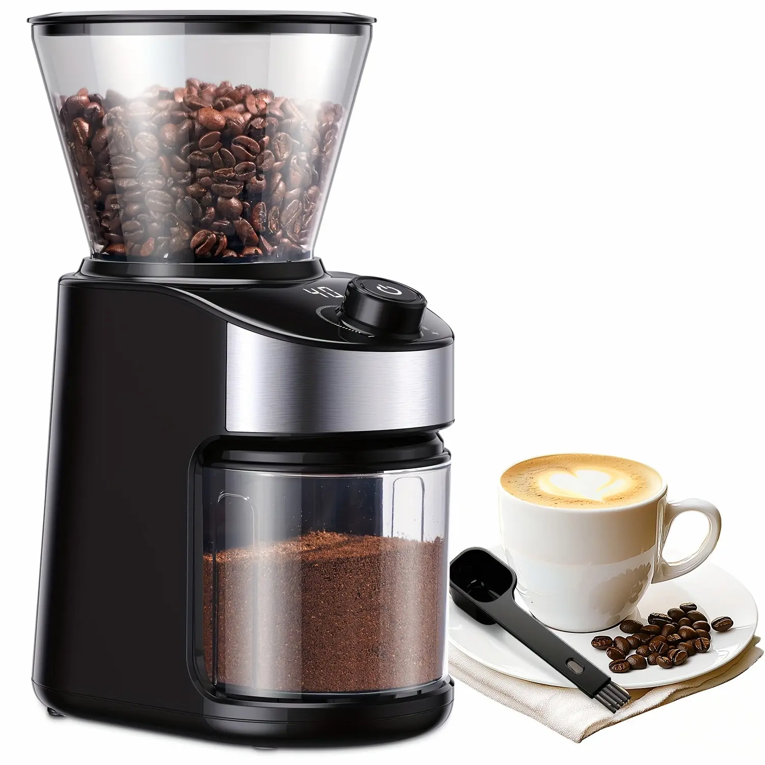 Coffee Grinder Burr Electric, Automatic Coffee Bean Grinder with 40 Seconds Digital Timer Display, Adjustable Burr Mill with 25 Precise Grind Setting, Black