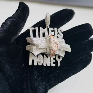 Time Is Money Moissanite Pendant Time Piece 925 Silver 2 Tone Rose Hip Hop