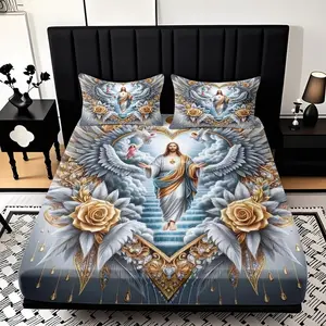 2/3 Pcs Sacred Heart And Wing Pattern Theme Fitted Sheet Set(1*Fitted Sheet+1/2*pillowcase,no Filling)Skin-friendly Digital Printed Bedding Set Decorative Bedsheet Sets, suitable For New Year, festival Gifts For Family, All Year Round,machine Washable