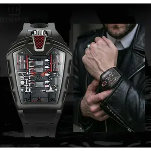 Men's Quartz Watch Skeleton Tonneau Shaped Luxury Sport Wristwatch with Silicone Strap  Steampunk 3D Hollow Dial Cool Unique Gifts for Men