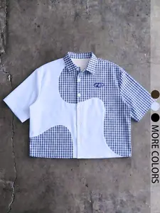 Vintage Plaid Patchwork Men's Short Sleeve Blouse, Loose Fit American Street Style Casual Top, Pop Art Print, with Button, with Collar