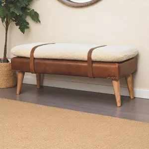 Boucle Buffalo Hide Leather Bench (Chestnut) - Soft Comfortable Surface & Sturdy Wooden Frame, Anti-Slip Foot Pads, Suitable for Entryway Living Room Bedroom Dining Room Hallway Luxury Home Rental Space