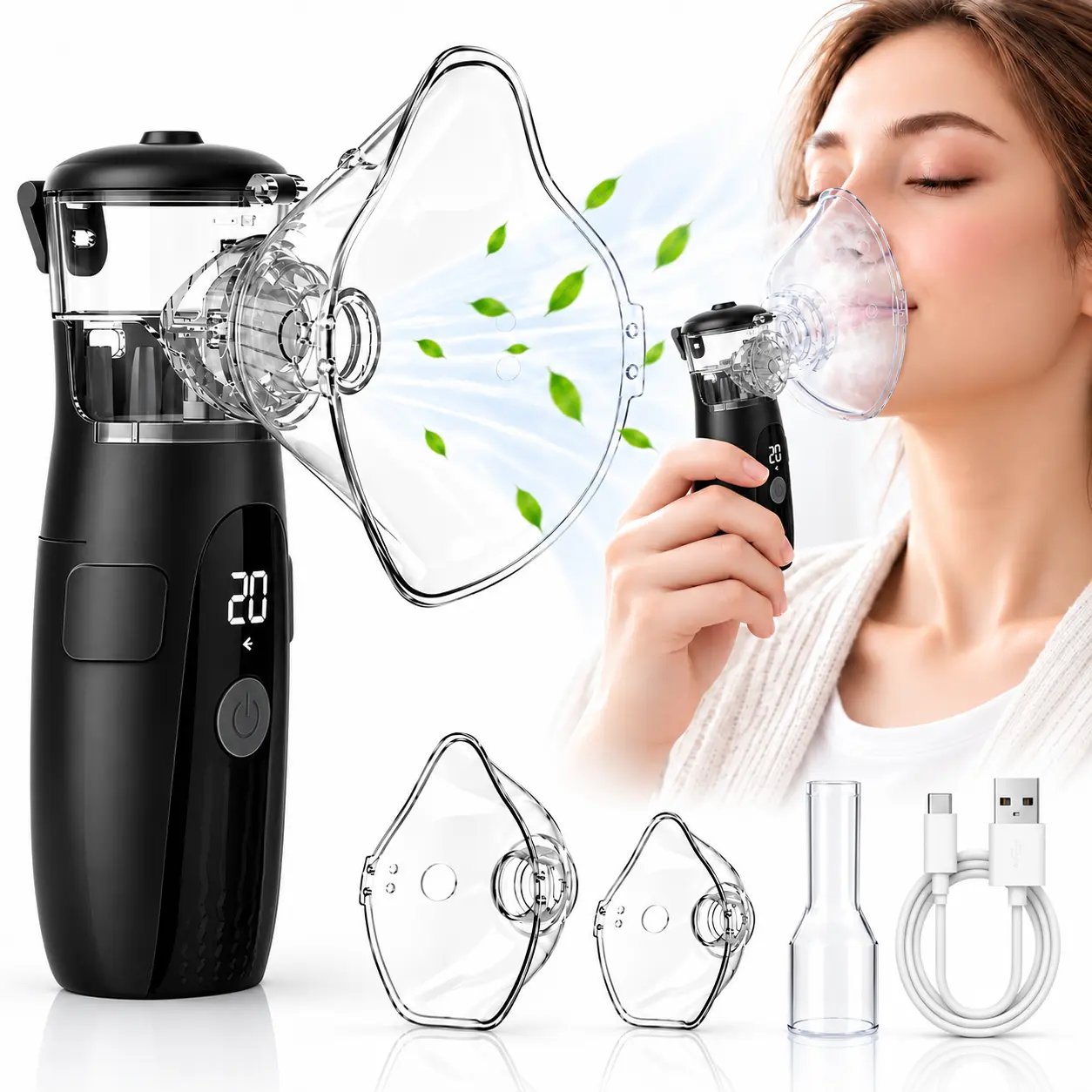 Portable Handheld Mesh Nebulizer, Electric Atomizer Machine with Accessories, LED display screen, Personal Care Device for Home Travel Use