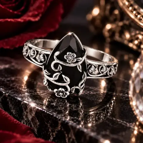 Women's 925 Sterling Silver Black Obsidian Ring - Vintage Floral Design, Elegant Crystal Statement Jewelry for Women, Unique Jewelry, Accessories for Adult Females, Ideal for Daily Wear, Birthday Gifts