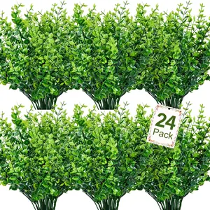 24  Artificial Greenery Stems   Outdoor  Faux Plastic Boxwood for Kitchen Office Garden Porch Farmhouse Window Box