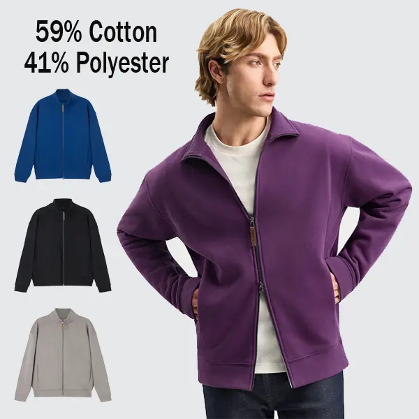 MegaT Menswear Plush Minimalist Fleece Jacket - Men's Long Sleeve Plain Full-Zipper Casual Sweatshirt, Soft 350GSM Cotton Blend Lightweight Top with Pockets, Suede, Coats, Fit