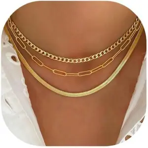 Gold Layered Necklaces for Women, 14K Gold Plated Dainty Gold Chain Choker Necklace Stack, Herringbone Gold Necklaces Set