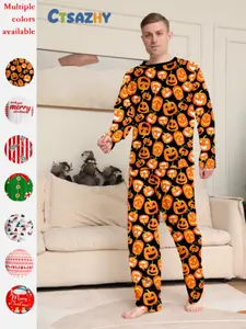Men's Halloween Pumpkin Print Long Sleeve Shirt & Pants Set, Soft Knit Casual Sleepwear for Fall Winter, Fitted Style Pajama
