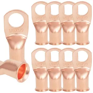 10 Count 1/0AWG - 1/2'' Heavy Duty Copper Terminals Crimp Lugs Ends Bare Copper Eyelets Tubular Ring Terminals Closed End Crimp Electric Connectors