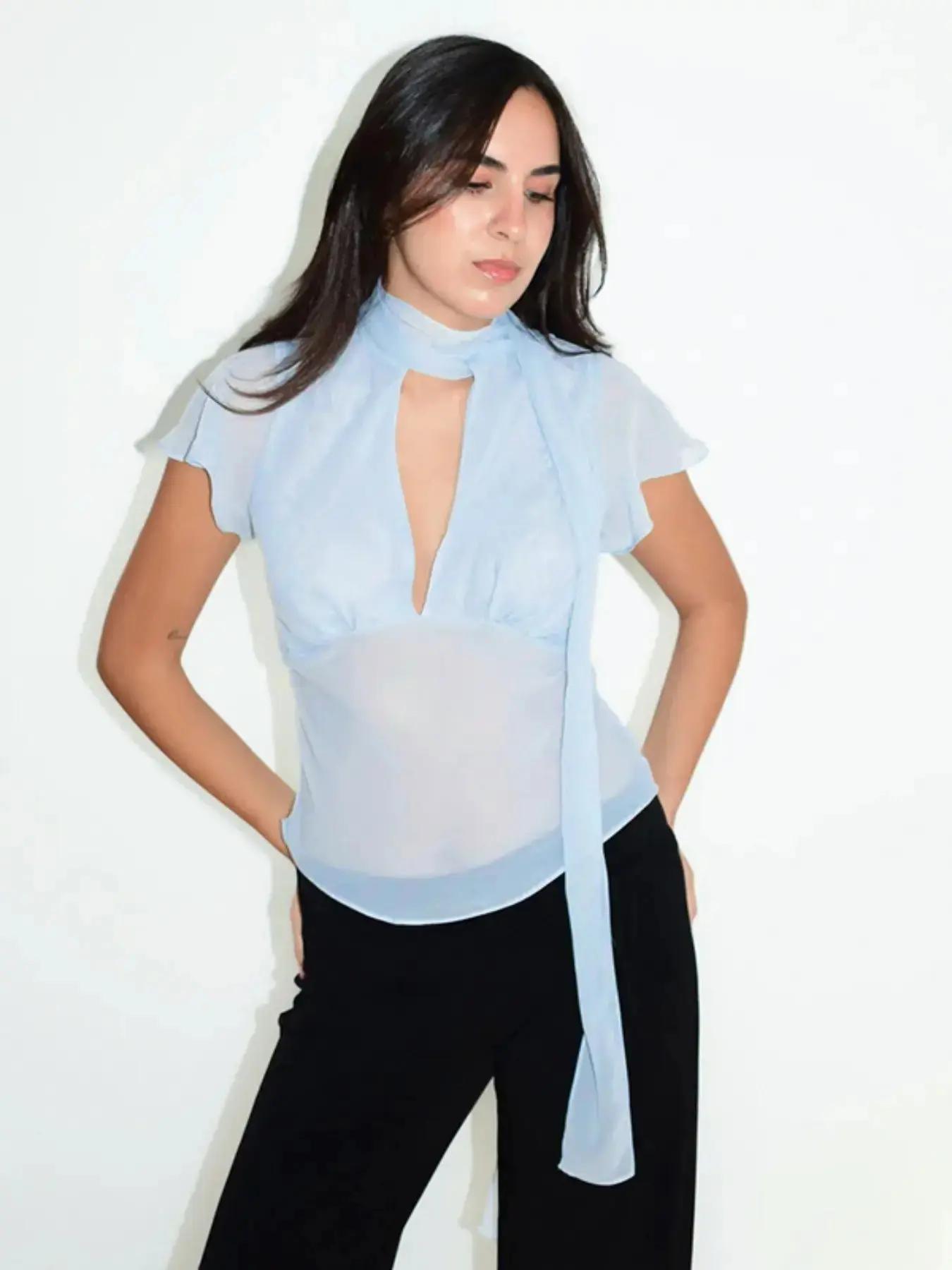 Women's Solid Color Flutter Sleeve Top Blouse, Ribbon Hollow Out Mesh Splicing, Trendy Sheer Tie Design, Ideal for Daily Casual Wear & Office  Commute