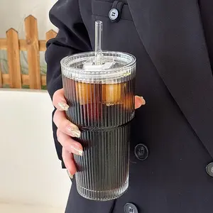 Vertical striped glass, iced American coffee cup, straw cold drink cup, household large-capacity bamboo cup with lid