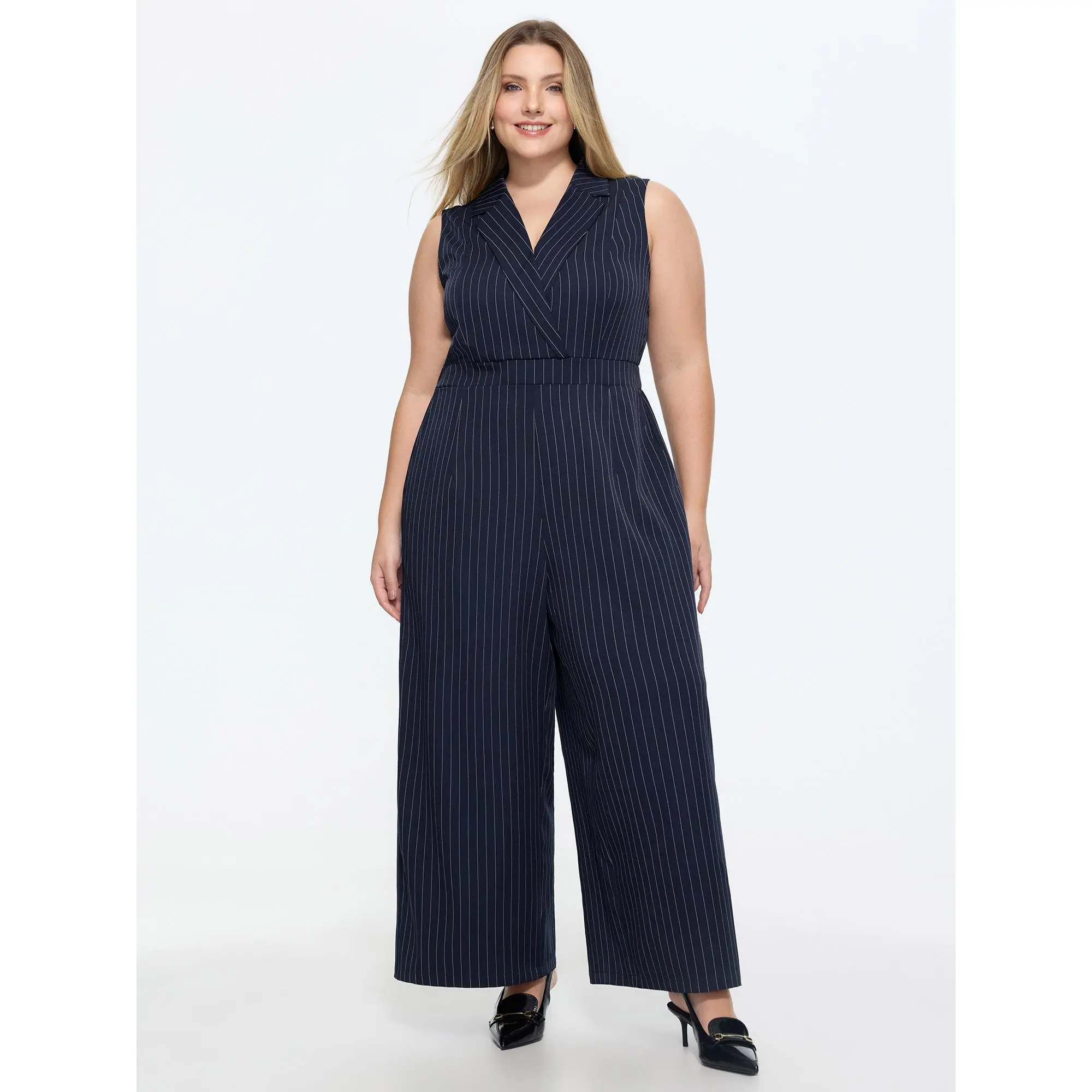 BloomChic Plus Size Striped Jumpsuit Overalls, Sleeveless Collared Regular Fit Office Garment with Smocked Detail and Side Pocket, Fabric, Polyester, Stripes, Cold Wash, Women, Collared Neck, M-6X, Smooth, Low Iron, Plus Size Clothes, Wash With Like Color