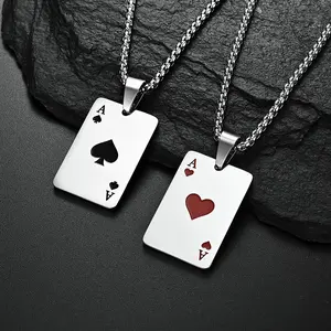 [Summer New Product Offer] Playing card necklace street trend Ace of Hearts pendant punk hip-hop necklace men's and women's titanium steel necklace