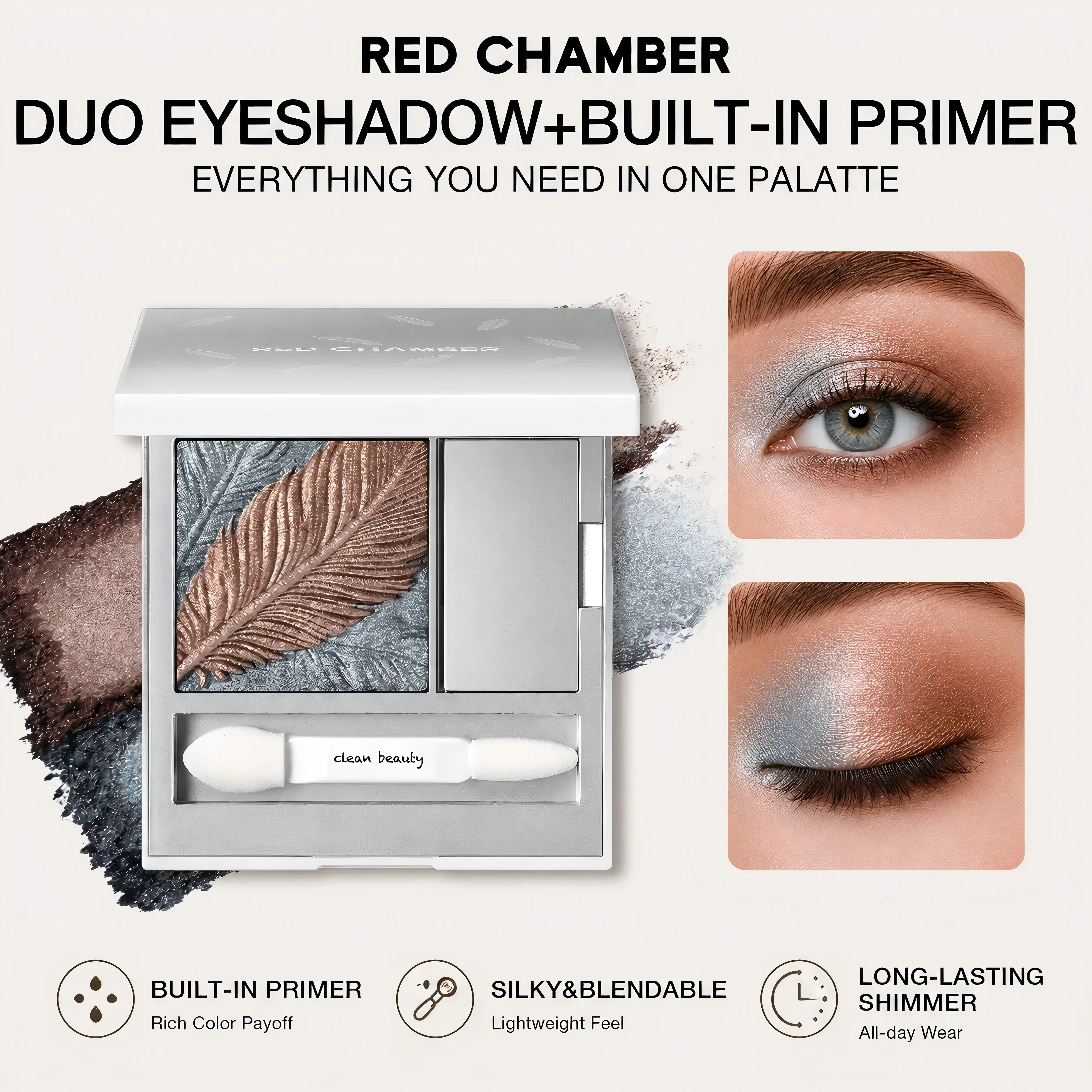 RED CHAMBER Featherlight Eyeshadow Palette with Built-In Primer, Satin Shimmer Duo, Crease-Proof Long-Lasting Eye Makeup