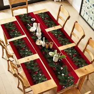 2D flat printing, 1 piece/2 pieces/4 pieces/6 pieces/8 pieces/5 pieces set/7 pieces set, red checkered pine tree branch Christmas tablecloth and placemat set, runner, holiday farmhouse restaurant set