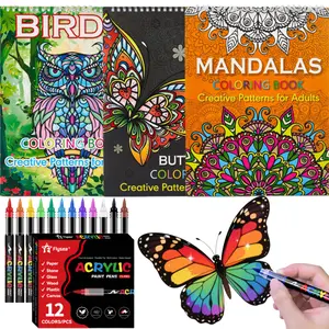Birds Animals Mandala Butterfly Coloring Book Set - With 12 Colors Acrylic Markers Stress Relief & Relaxation,Coloring Books for Adults to Relax and Relieve Anxiety - Top Spiral Binding is Easier to Use, Coloring Activities