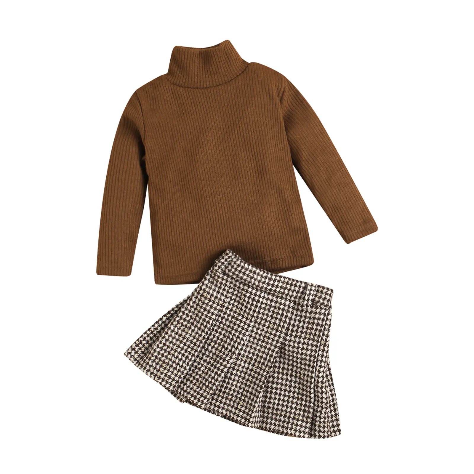 Girls' 2-Piece Fall Outfit, Stylish Turtleneck Sweater and Houndstooth Pleated Skirt, Cute Toddler Clothes for School & Parties, Kids Style